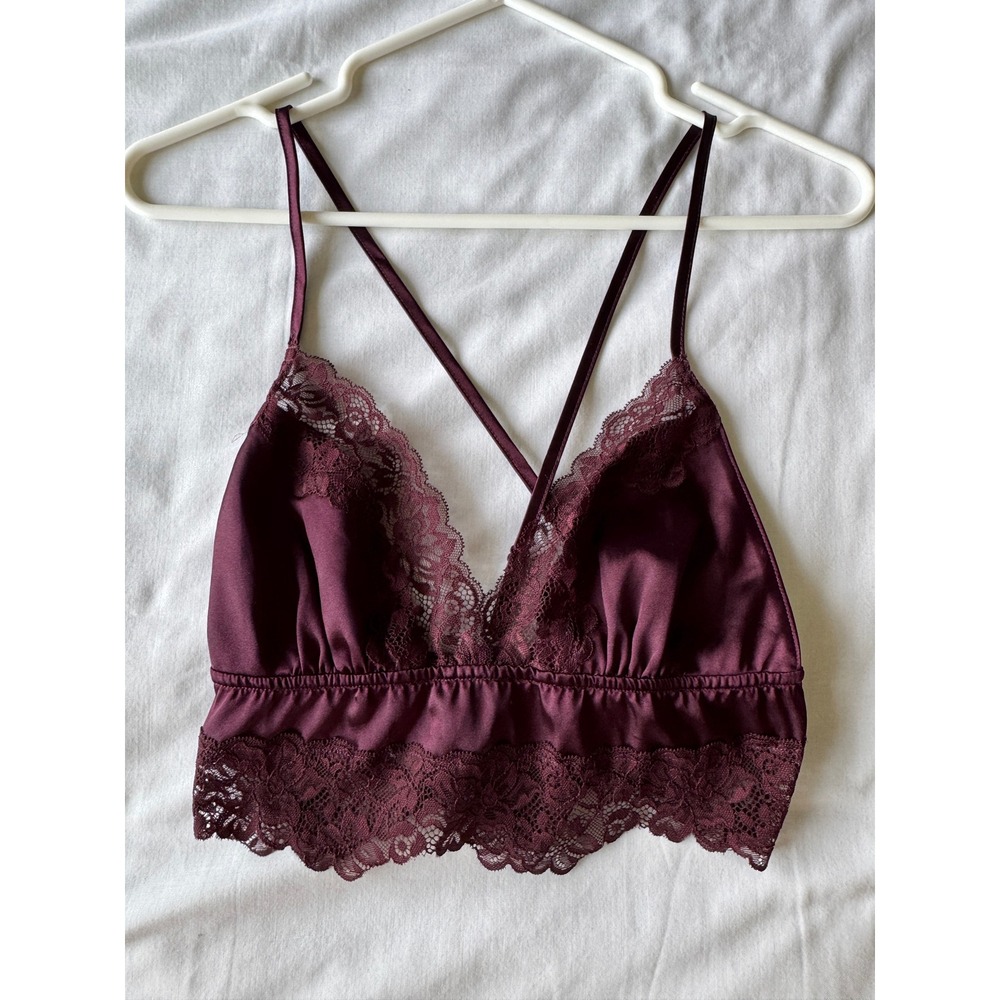 La Senza Satin and Lace Bralette Maroon V-Neck Adjustable Straps Coquette Gothic